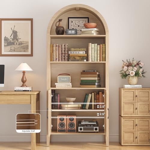 ONBRILL 71" Arched Display Bookshelf, 5-Tier Arched Bookcase W/Door, Oak