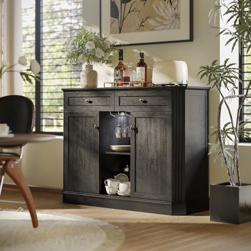 47" Wine Bar Cabinet with LED Light & Power Outlets, 2 Door Coffee B...