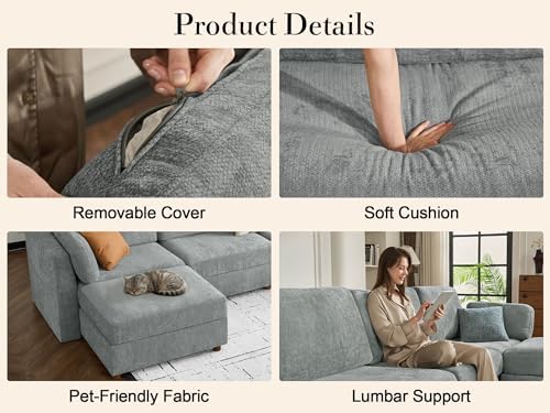 Oversized Modular Sectional Sofa L-Shaped Cloud Couches Gray | 4 Seater Large...