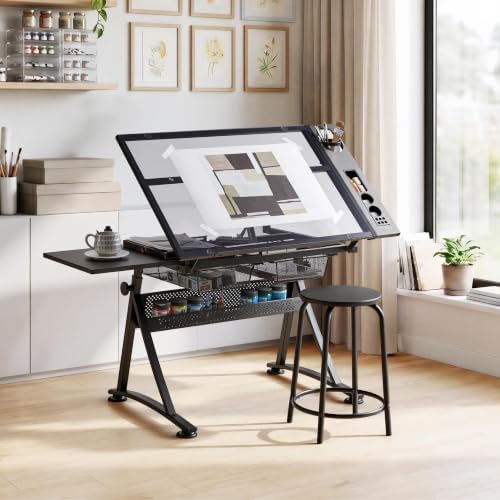 Topeakmart Height Adjustable Drafting Desk Artist Drawing Table Stool Set