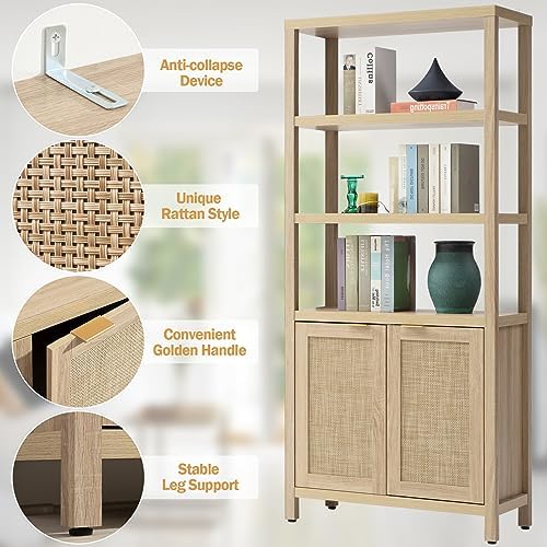 SICOTAS 71" Tall Rattan Bookshelf with Doors for Living Room Library