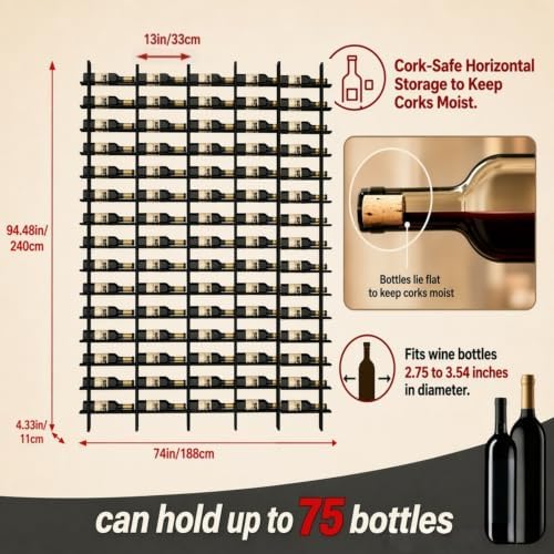 75-Bottle 5-Column Wall-Mounted Wine Rack, Black Metal Wine Bottle Holder wit...