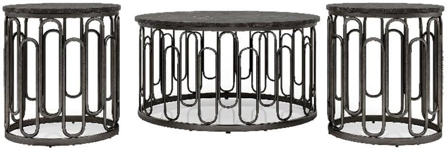 BOWERY HILL 3-Piece Marble and Metal Coffee Table Set in Black Finish, Includ...