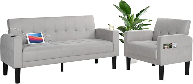 AILEEKISS 2 Piece Living Room Sofa Set Loveseat Sofas Sets with 2 USB, Cup Holders, Side Pocket, Modern Fabric 2 Pcs Sectional Couches Set for Apartment, Office, Bedroom (2-Seat+1-Seat, Light Grey)