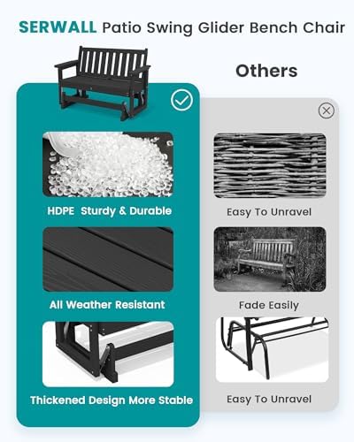 SERWALL 2 Person Patio Glider Bench, HDPE All Weather Swinging Bench, Black