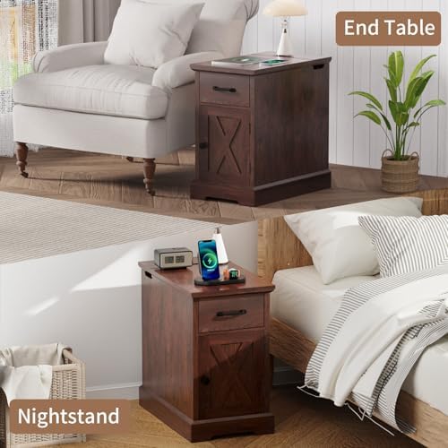 HOMMPA 23.6'' Farmhouse Narrow End Table w/Charging Station Rustic Ch...