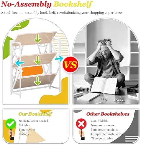 UDD No Assembly Wide Folding Bookshelf, 34" H x 30.9" W, 3 Tier Fol...