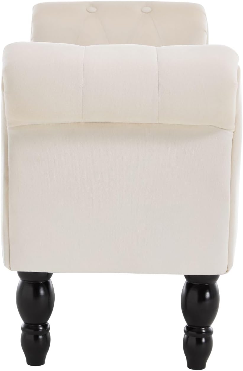 Armed Storage Bench for End of Bed, Modern Velvet Ottoman Bedroom Bench with Wood Legs Upholstered Entryway Bench with Storage, Button Tufted Window Ottoman for Living Room, Reception, Cream