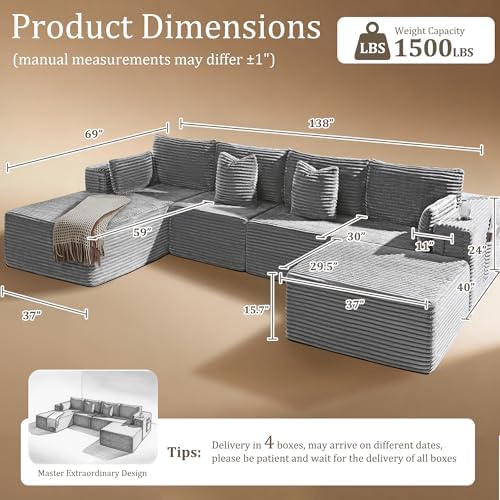 138" Oversized Cloud Sectional Couch, Comfort U Shaped Couch for Living ...