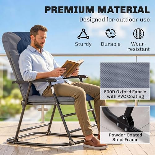 Outsunny Oversized Folding Rocking Camping Chair Set of 2 Padded Navy Blue | ...