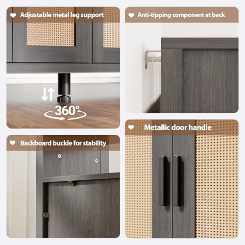 Mericonia Rattan Buffet Cabinet with Storage, Sideboard with Doors, Console T...