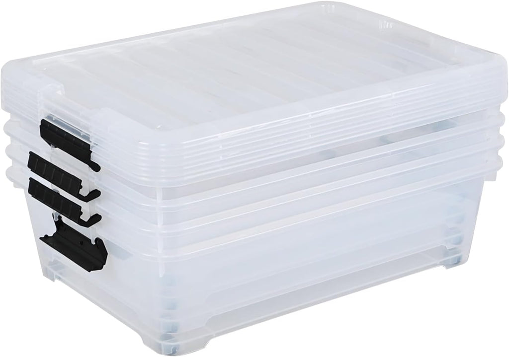 Saedy 4 Pack 25 L Under Bed Storage Box on Wheels, Plastic Lidded Storage Container Bins, F