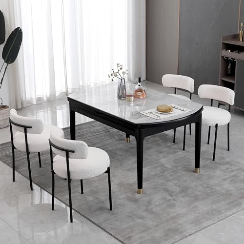 White Dining Chairs Set of 4 Round Upholstered Boucle Dining Room Chairs Mid-...