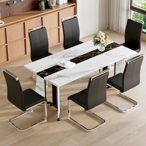 Dining Table Set for 6,White Marble 71'' Dining Room Table with Spacious legroom and Black Leather Dining Chairs,Easy Assembley,7 Pieces Kitchen Table and Chairs for Dining Room,Restaurant