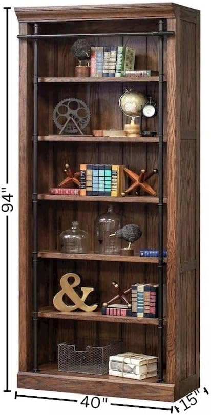 Starlight Canyon Home 8-Foot Tall Wood Bookcase Wall System, Decorative Ladder, Four Adjustable Shelves, Fixed Stability Shelf, Storage, Warm Brown