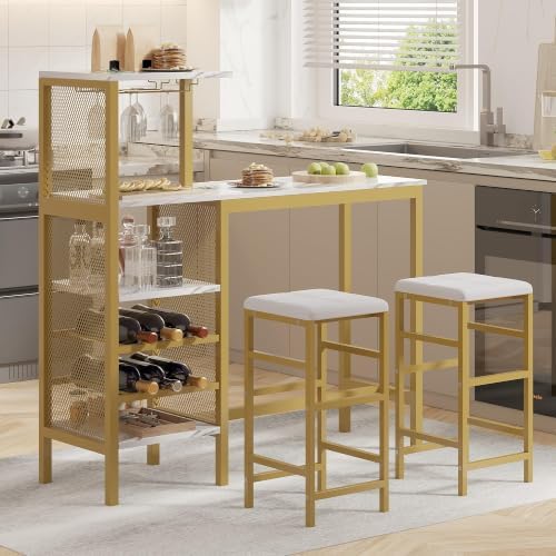 VECELO Bar Table and Chairs Set for 2, Dining Set with Storage Shelves