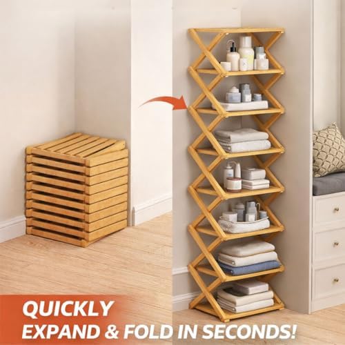 The 9-Tier No-Assembly Bamboo Rack, 2026 Upgraded Foldable Shoe Organizer , Tall Narrow Corner Shoe Shelf / Storage Stand for Entryway Closet Dorm, 2-9 Tiers, Natural or Tea Color (Nature,9Layer)