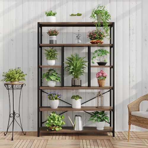 LVB 6 Tier Industrial Bookshelf for Bedroom Living Room Office, Rustic Oak
