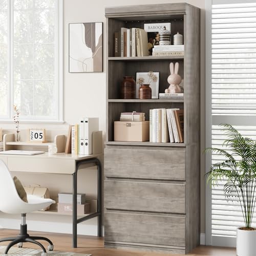 IDEALHOUSE 70" Tall Bookcase with Drawers, Open Book Shelves Library Boo...