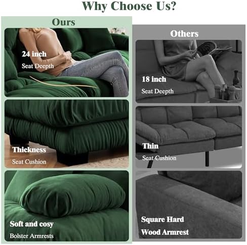 95 inch Modular Sectional Cloud Sofa Couch with Movable Ottoman for Living Room,Velvet Corner Loveseat Sofa with Armrests, Deep Seat Couch (Dark Green, 2 Seat + 1 Ottoman)