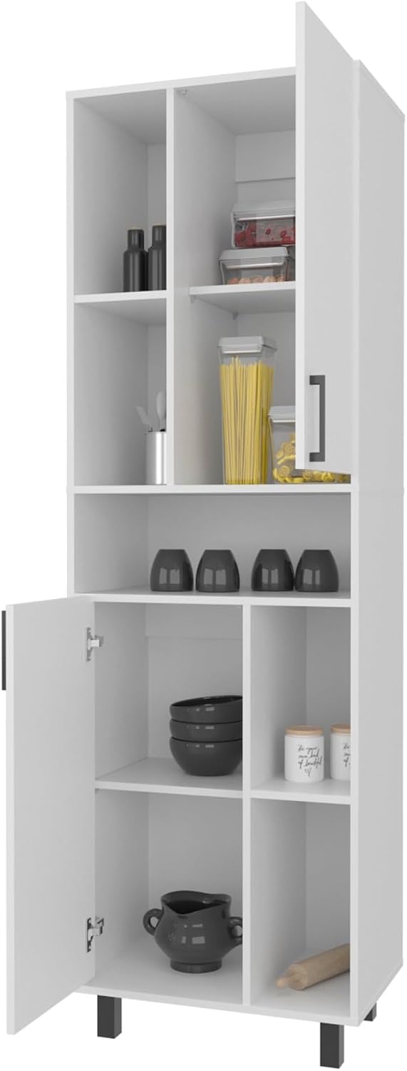 White Kitchen Pantry with Open Storage and 2 Doors,for Kitchen