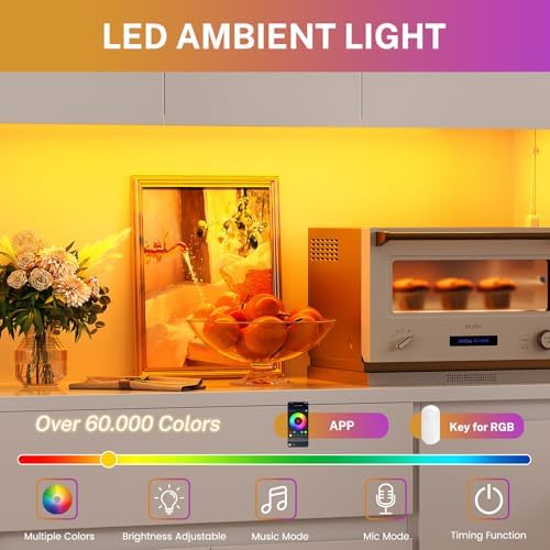 TEENFON Pantry Cabinet with Charging Station and LED Light, Kitchen Pantry Ca...