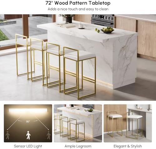 homary 72" Large White Kitchen Island with Storage & LED Lights, Woo...