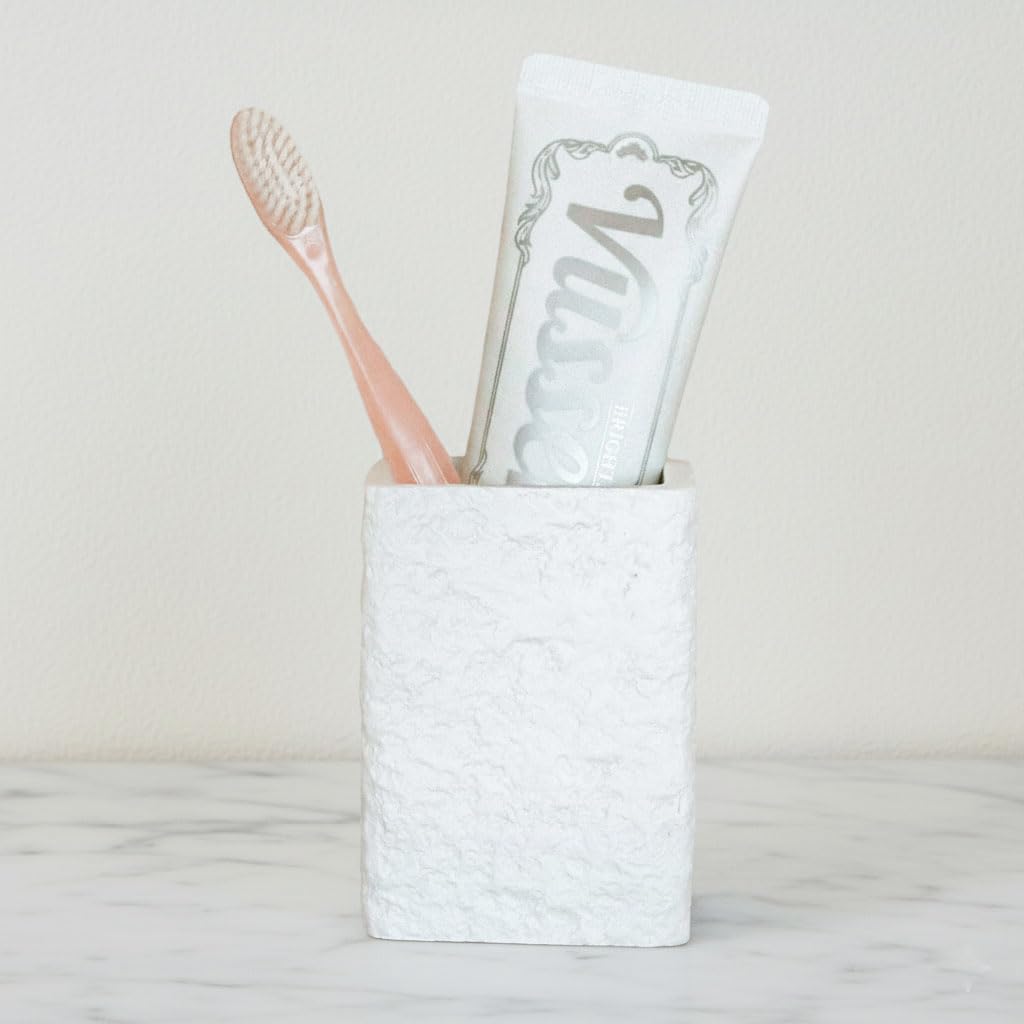 White Stone-Look Toothbrush Holder for Bathroom, Natural Rough Stone Textured, Unbreakable Heavy Bathroom Cup, Vanity Countertop Organizer for Makeup Brushes