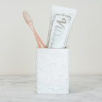 White Stone-Look Toothbrush Holder for Bathroom, Natural Rough Stone Textured, Unbreakable Heavy Bathroom Cup, Vanity Countertop Organizer for Makeup Brushes