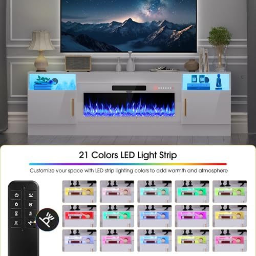 AHB Fireplace TV Stand 70", Fits TVs up to 80", LED Lights, Storage | 36" Electric Fireplace with Realistic Flame Multiple Color Modes Spacious Storage Cabinet with Handles White/White