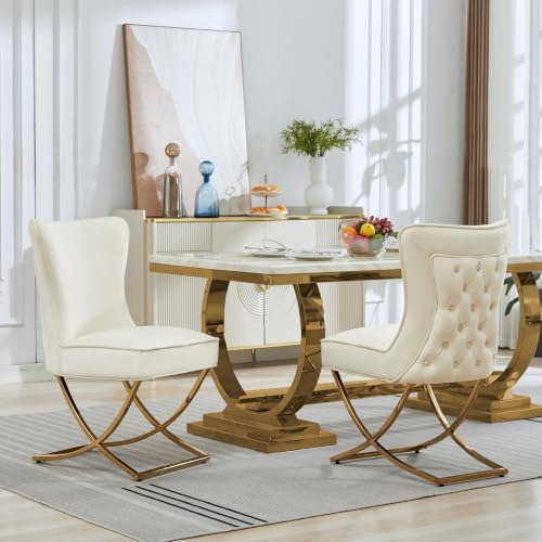 LOULENS Velvet Dining Chairs Set of 2, Tufted Wingback Gold X-Legs, Beige