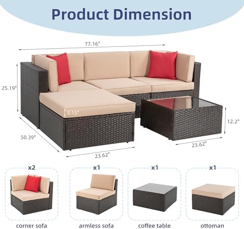 Vongrasig 5 Piece Patio Furniture Sets, Outdoor Patio Set Sectional Sofa