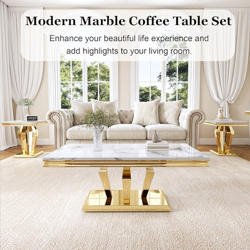 Living Room Coffee Table Set of 3, Modern Marble Coffee Table and 2 End Side ...