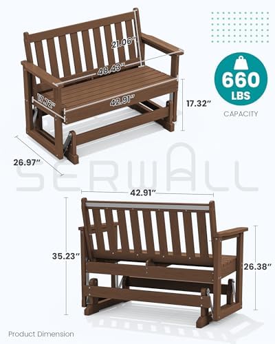 SERWALL 2 Person Patio Glider Bench, HDPE All Weather Swinging Bench, Brown