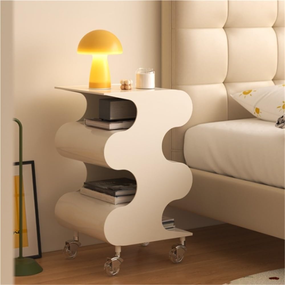 Modern ABS Side Table with Wheels, Movable Coffee Table with Storage, Multi-L...