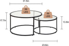 Modern Nesting Glass Coffee Table Set of 2, Round Tempered Glass Coffee Table for Living Room & Bedroom, Space-Saving Design with Adjustable Feet (Large Size + Black Frame)