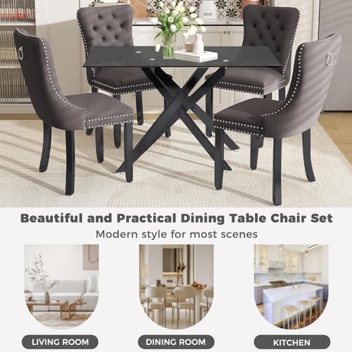 51" 5-Piece Glass Dining Table Set for 4, Grey&Black