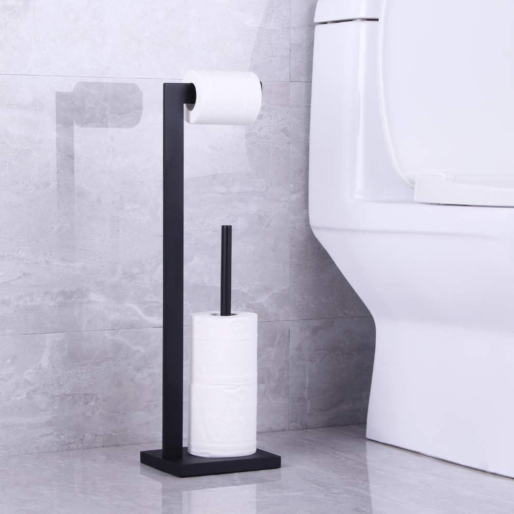 Matte Black Toilet Paper Holder Stand Toilet Paper Roll Holder with Shelf Reserve Free Standing Portable Tissue Storage Organization