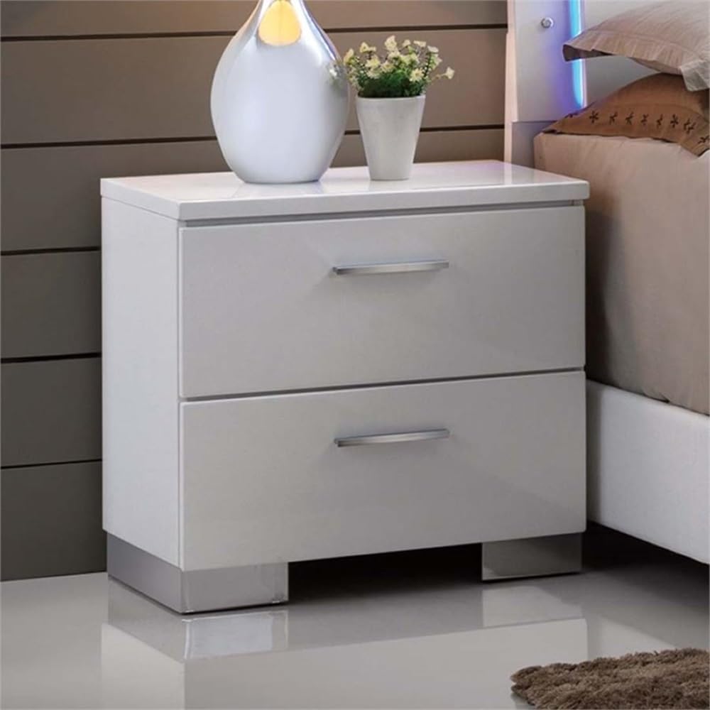 2 Drawers Nightstand with Chrome Legs, White,for Small Spaces
