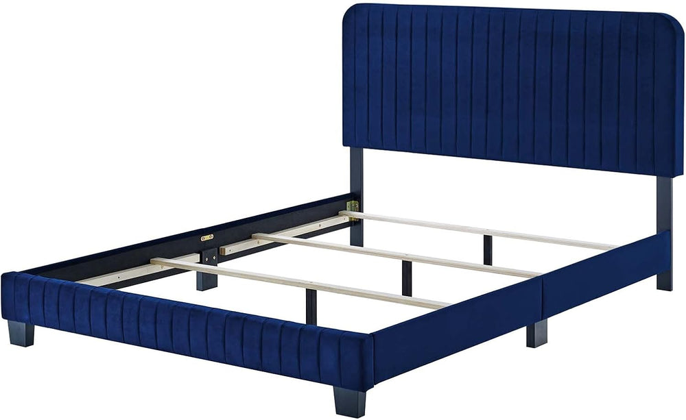 Tufted Platform Bed Frame, King Size, Velvet, Blue Navy, Modern Contemporary,...