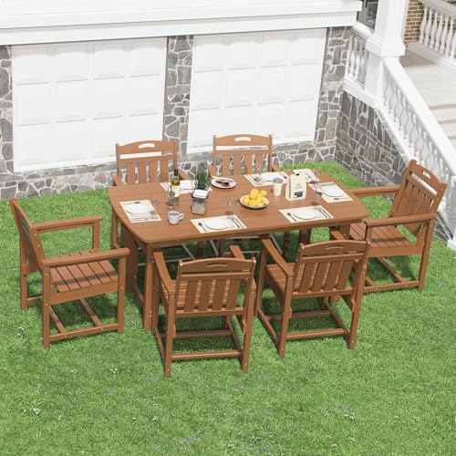 HDPE Outdoor Dining Set, Patio Table and 6 Chairs, 2" Umbrella Hole, Teak