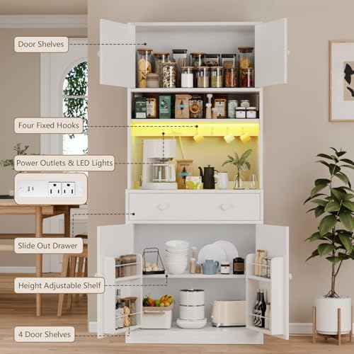 71" Tall Kitchen Pantry Cabinet with Microwave Countertop, LED Lights Wh...