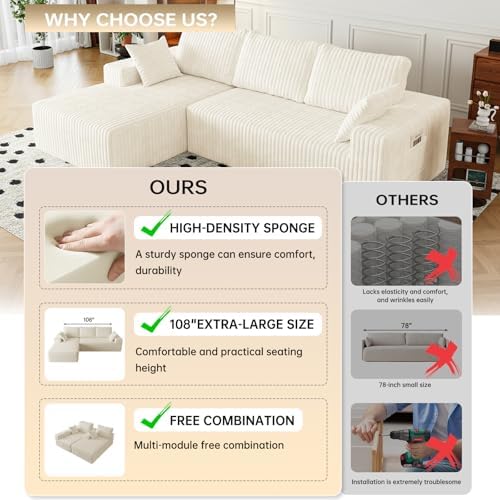 108" Modular Sectional Cloud Cream Couch for Living Room Deep Seat L Sha...