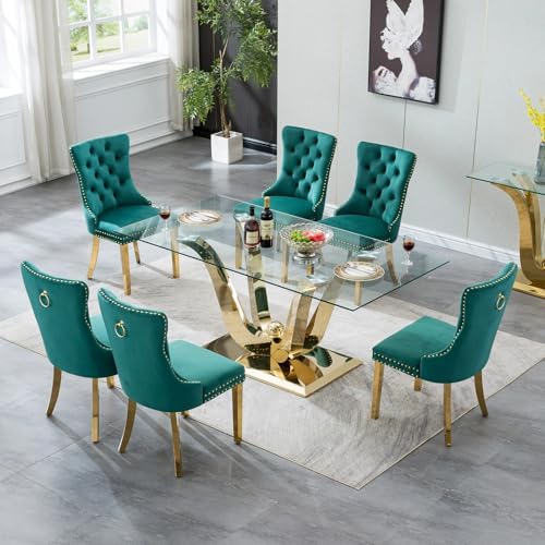 70" Modern Glass Dining Table for 6-8, Luxury Gold Glass Dining Room Tab...