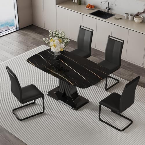 Modern Dining Table Set for 6, Faux Marble Kitchen Table Chairs Set, 63"...