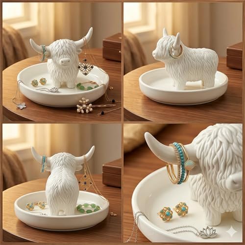 Highland Cow Gifts for Women, Ring Holder Dish for Rings, Earrings, Necklaces, Jewelry Organizer, Highland Cow Farmhouse Decor, Birthday Gifts for Women, Christmas Wedding Housewarming Present
