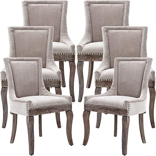 Upholstered Dining Chairs Set of 6, Beige Fabric Kitchen Chair with Nailhead ...