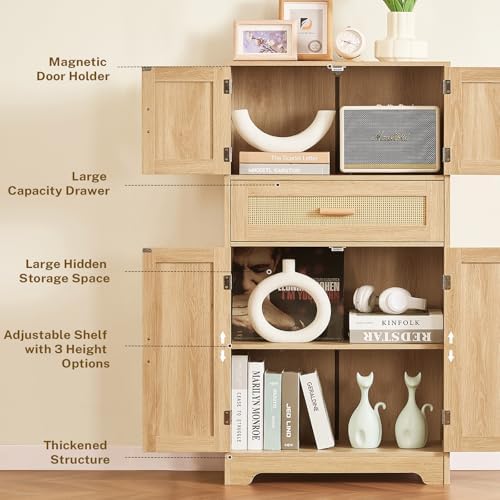 TEENFON 47.2" H Tall Storage Cabinet with Adjustable Shelf, Rattan Cabin...