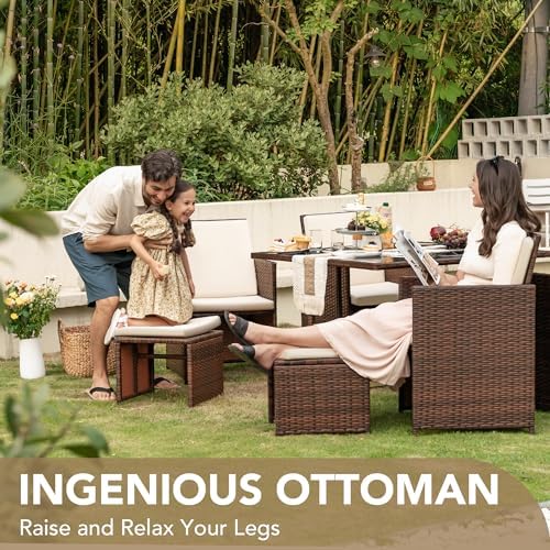 Devoko 9 Pieces Patio Dining Sets Outdoor Space Saving Furniture Sets,Beige