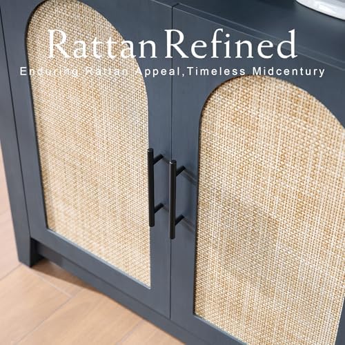RowyPoey Rattan Arched Cabinet Bookshelf - 69.3” Tall Mid Century Display Cab...
